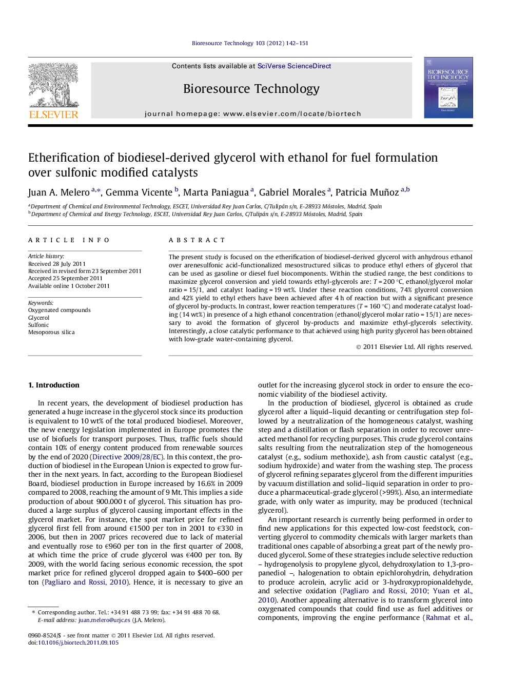 Etherification of biodiesel-derived glycerol with ethanol for fuel formulation over sulfonic modified catalysts