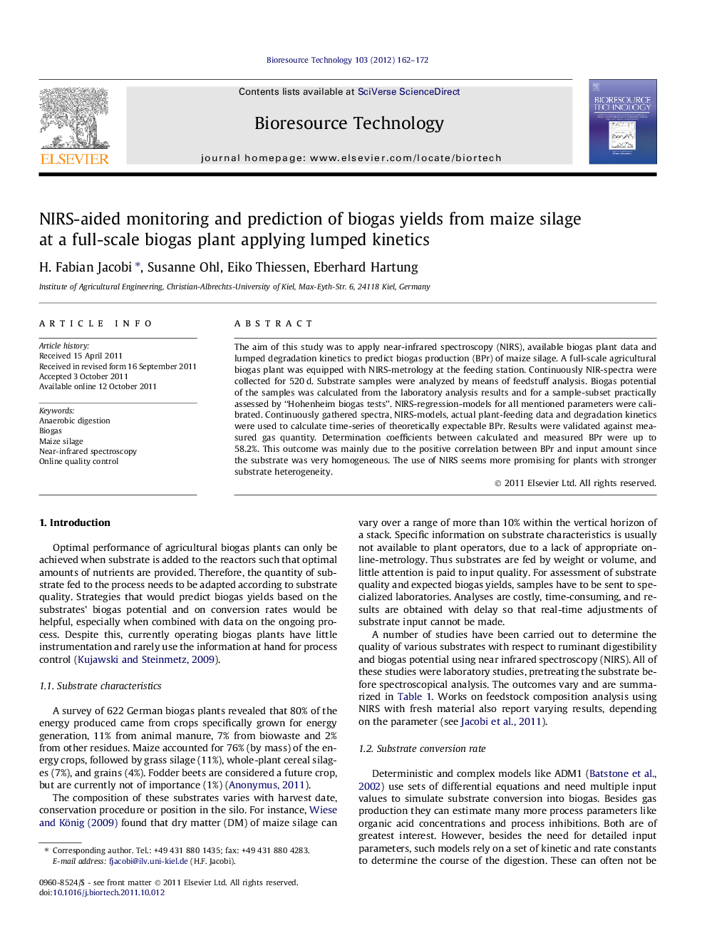 NIRS-aided monitoring and prediction of biogas yields from maize silage at a full-scale biogas plant applying lumped kinetics