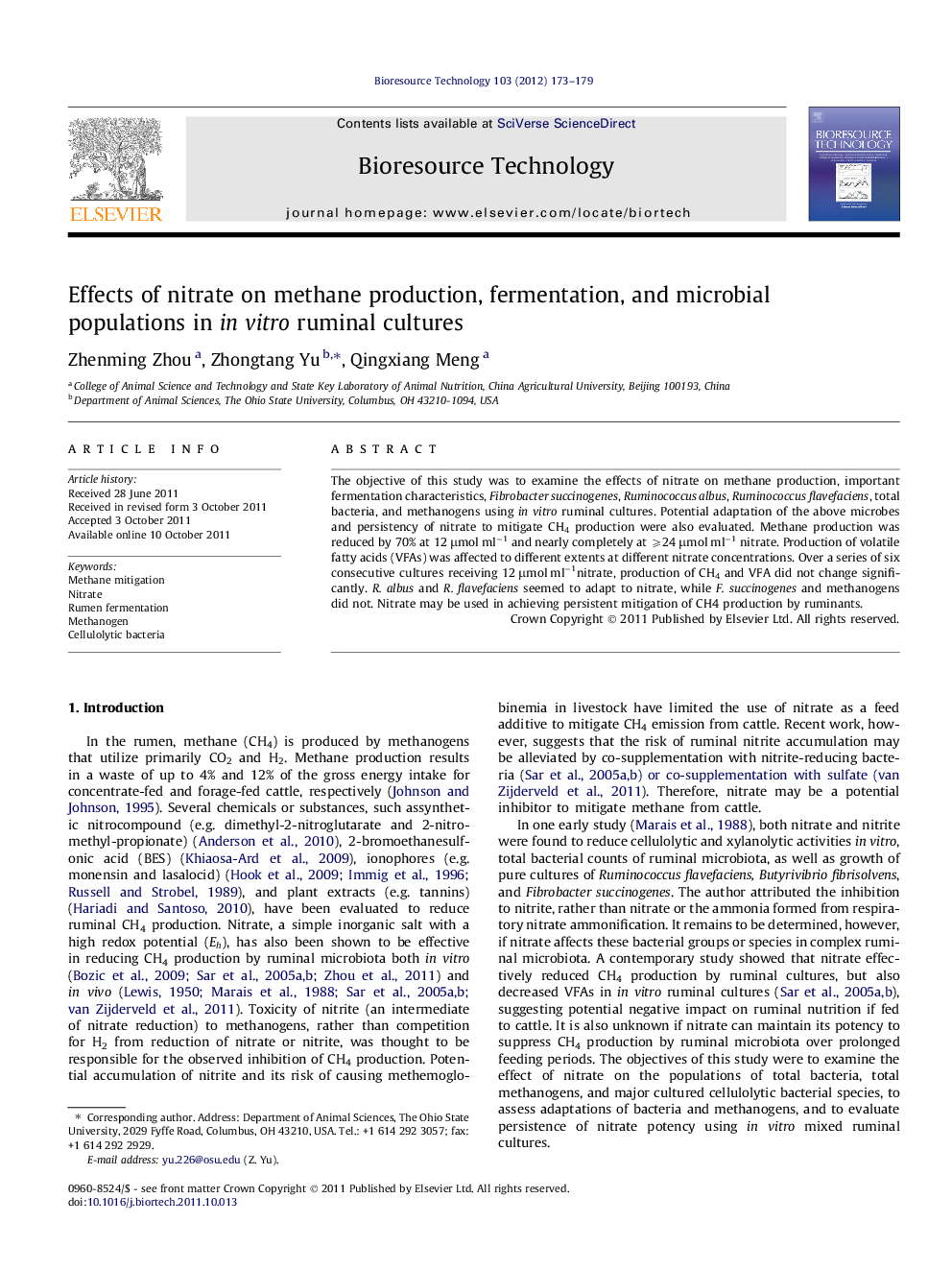 Effects of nitrate on methane production, fermentation, and microbial populations in in vitro ruminal cultures