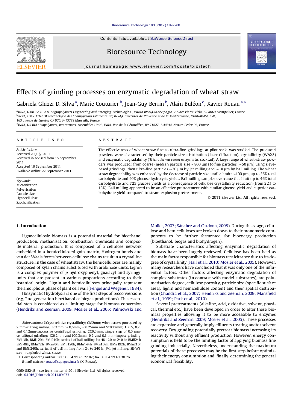 Effects of grinding processes on enzymatic degradation of wheat straw