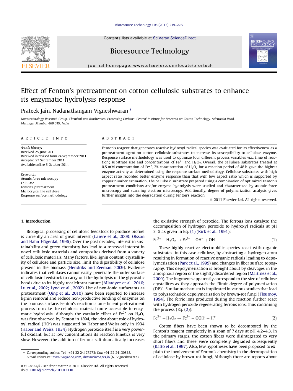 Effect of Fenton's pretreatment on cotton cellulosic substrates to enhance its enzymatic hydrolysis response