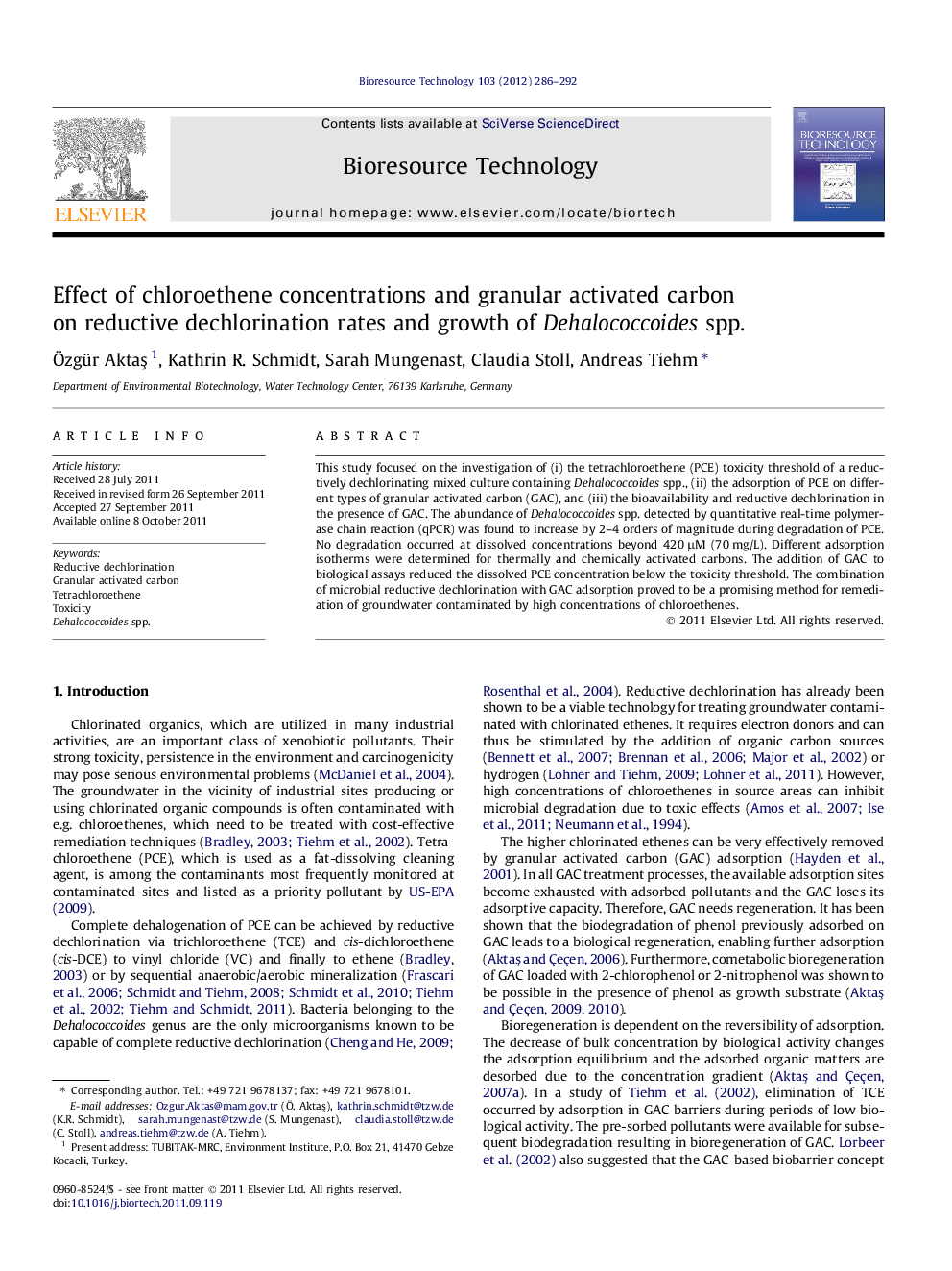 Effect of chloroethene concentrations and granular activated carbon on reductive dechlorination rates and growth of Dehalococcoides spp.