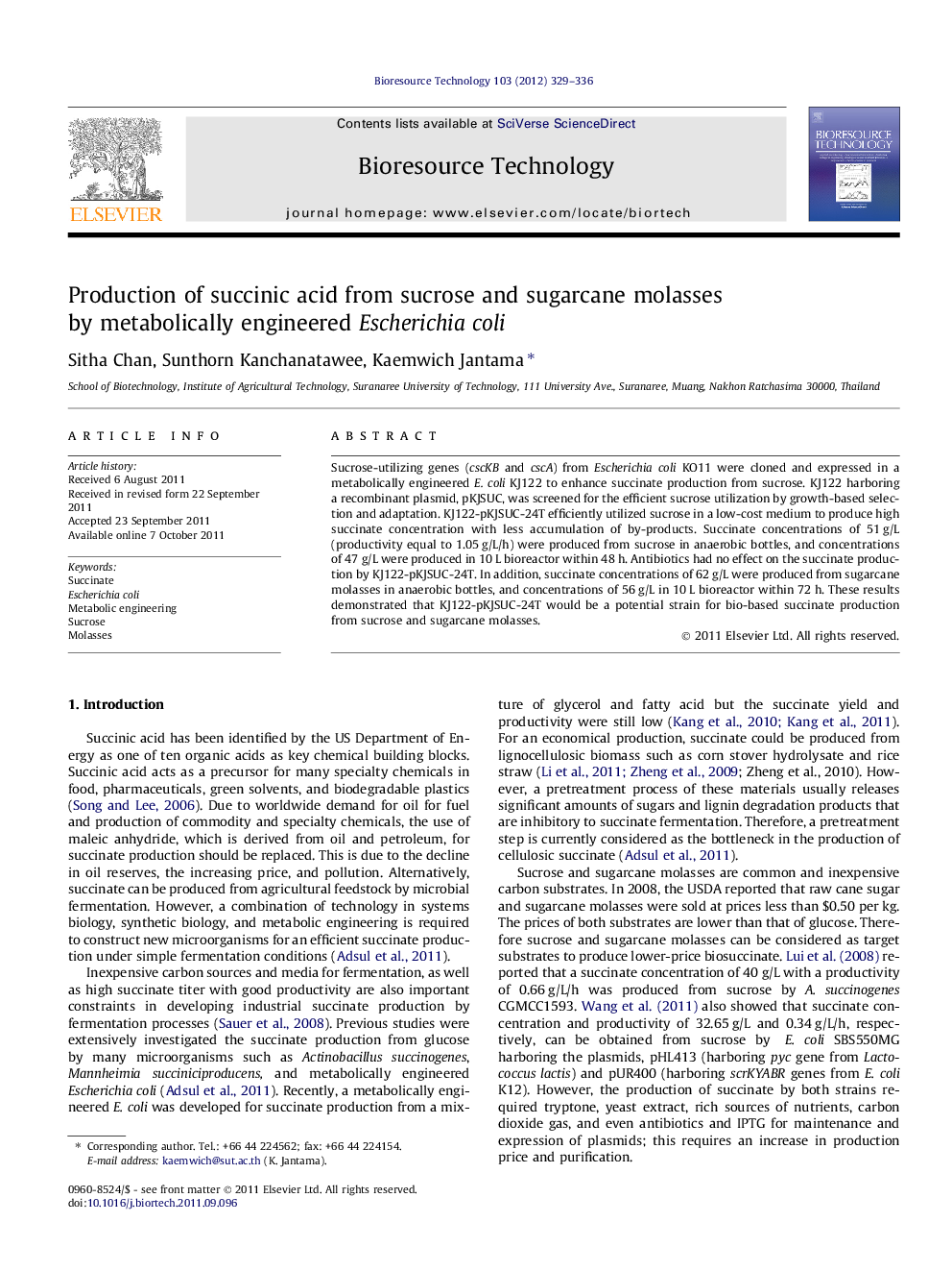 Production of succinic acid from sucrose and sugarcane molasses by metabolically engineered Escherichia coli