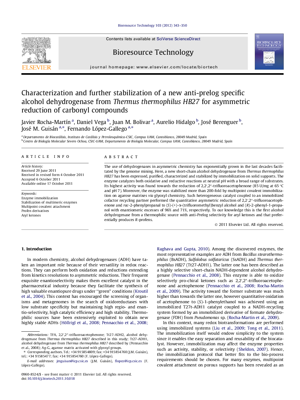 Characterization and further stabilization of a new anti-prelog specific alcohol dehydrogenase from Thermus thermophilus HB27 for asymmetric reduction of carbonyl compounds