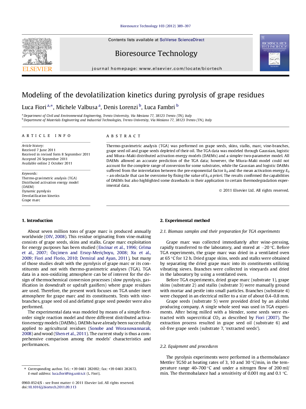 Modeling of the devolatilization kinetics during pyrolysis of grape residues