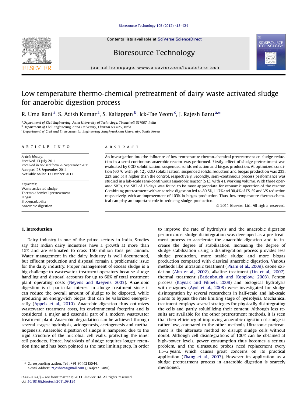 Low temperature thermo-chemical pretreatment of dairy waste activated sludge for anaerobic digestion process