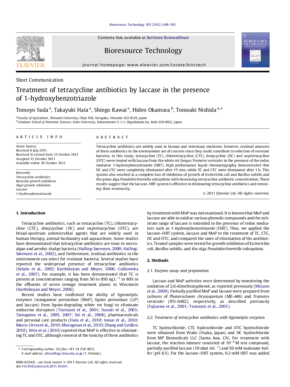 Treatment of tetracycline antibiotics by laccase in the presence of 1-hydroxybenzotriazole