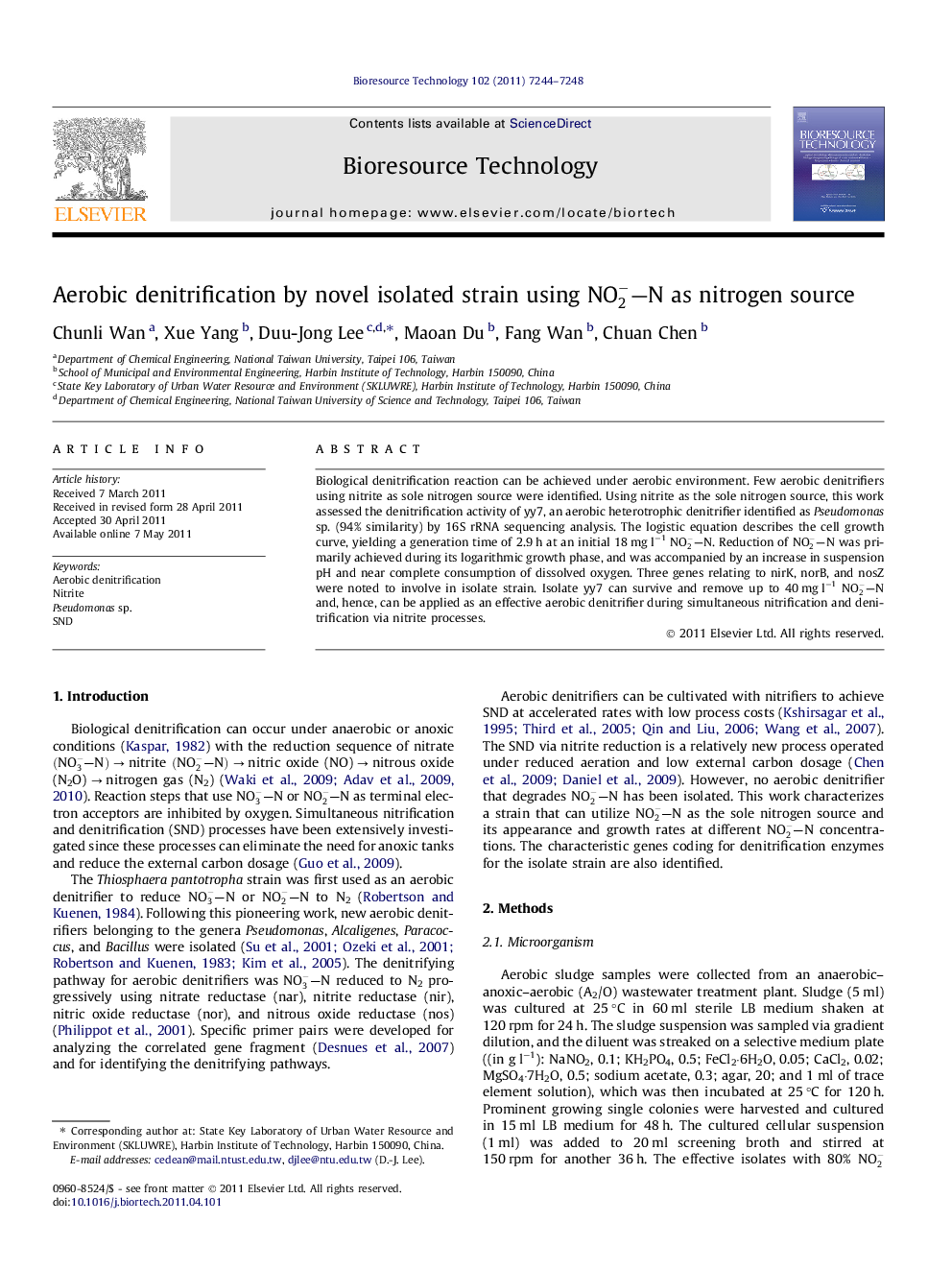 Aerobic denitrification by novel isolated strain using NO2--N as nitrogen source