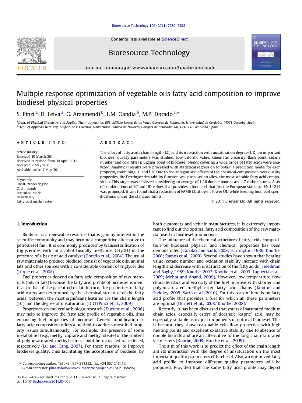 Multiple response optimization of vegetable oils fatty acid composition to improve biodiesel physical properties