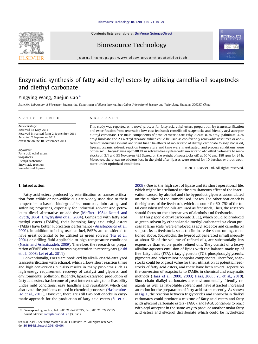 Enzymatic synthesis of fatty acid ethyl esters by utilizing camellia oil soapstocks and diethyl carbonate