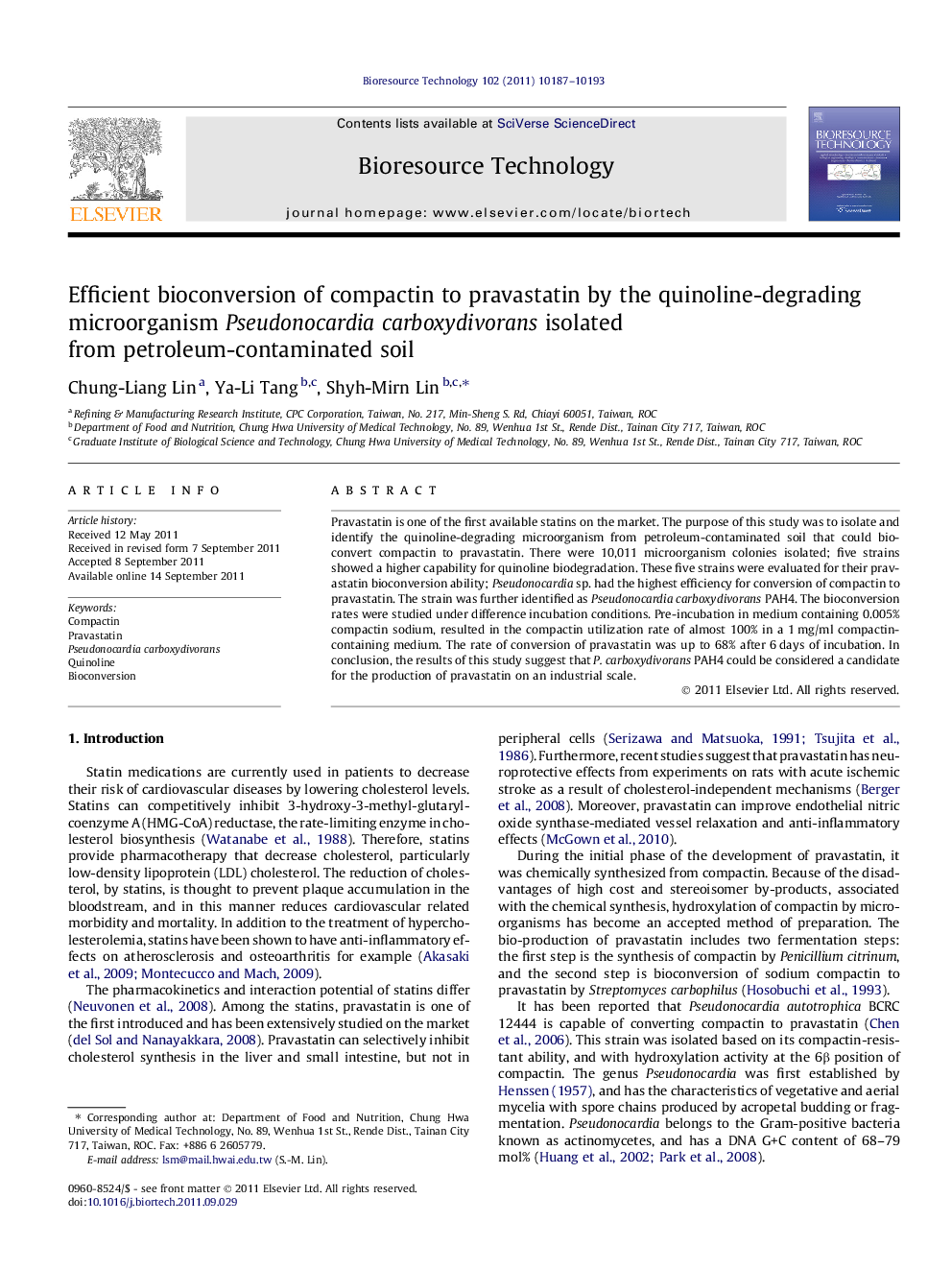 Efficient bioconversion of compactin to pravastatin by the quinoline-degrading microorganism Pseudonocardia carboxydivorans isolated from petroleum-contaminated soil