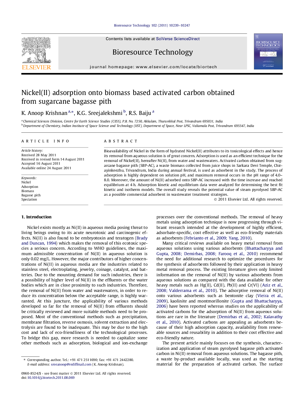 Nickel(II) adsorption onto biomass based activated carbon obtained from sugarcane bagasse pith