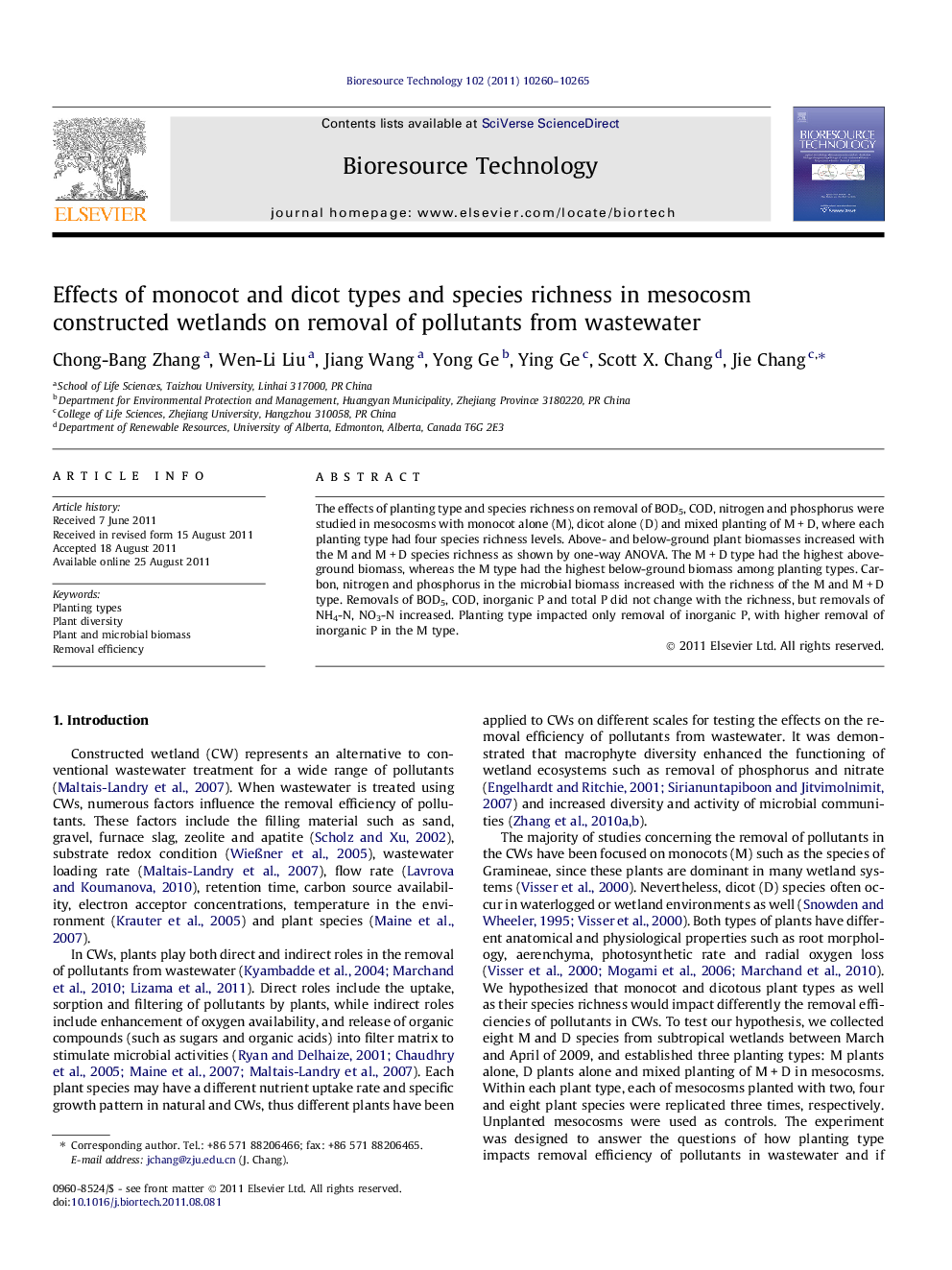 عکس صفحه اول مقاله: Effects of monocot and dicot types and species richness in mesocosm constructed wetlands on removal of pollutants from wastewater Effects of monocot and dicot types and species richness in mesocosm constructed wetlands on removal of pollutants from wastewater
