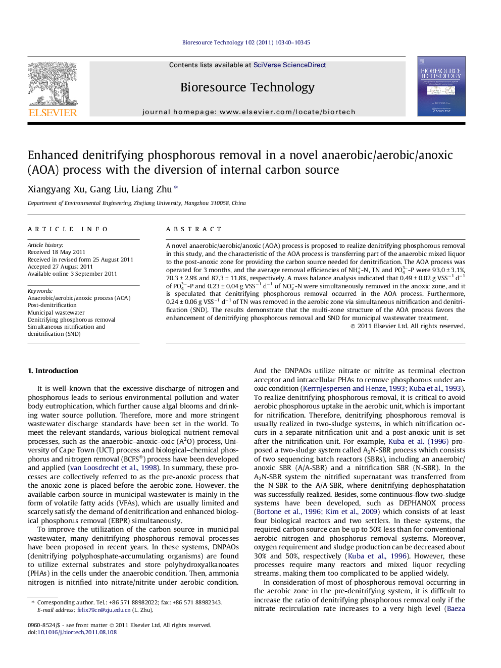 Enhanced denitrifying phosphorous removal in a novel anaerobic/aerobic/anoxic (AOA) process with the diversion of internal carbon source