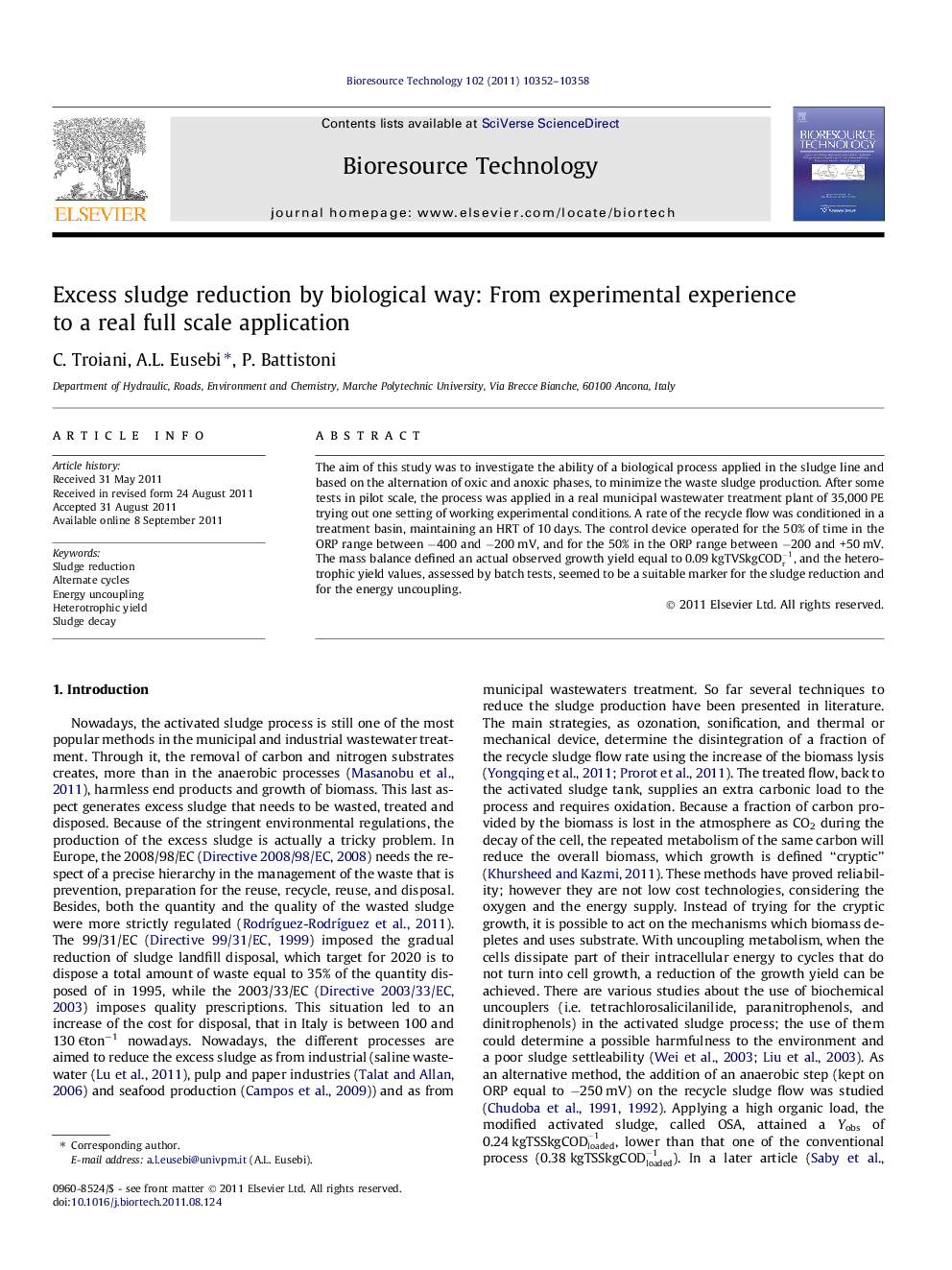 Excess sludge reduction by biological way: From experimental experience to a real full scale application