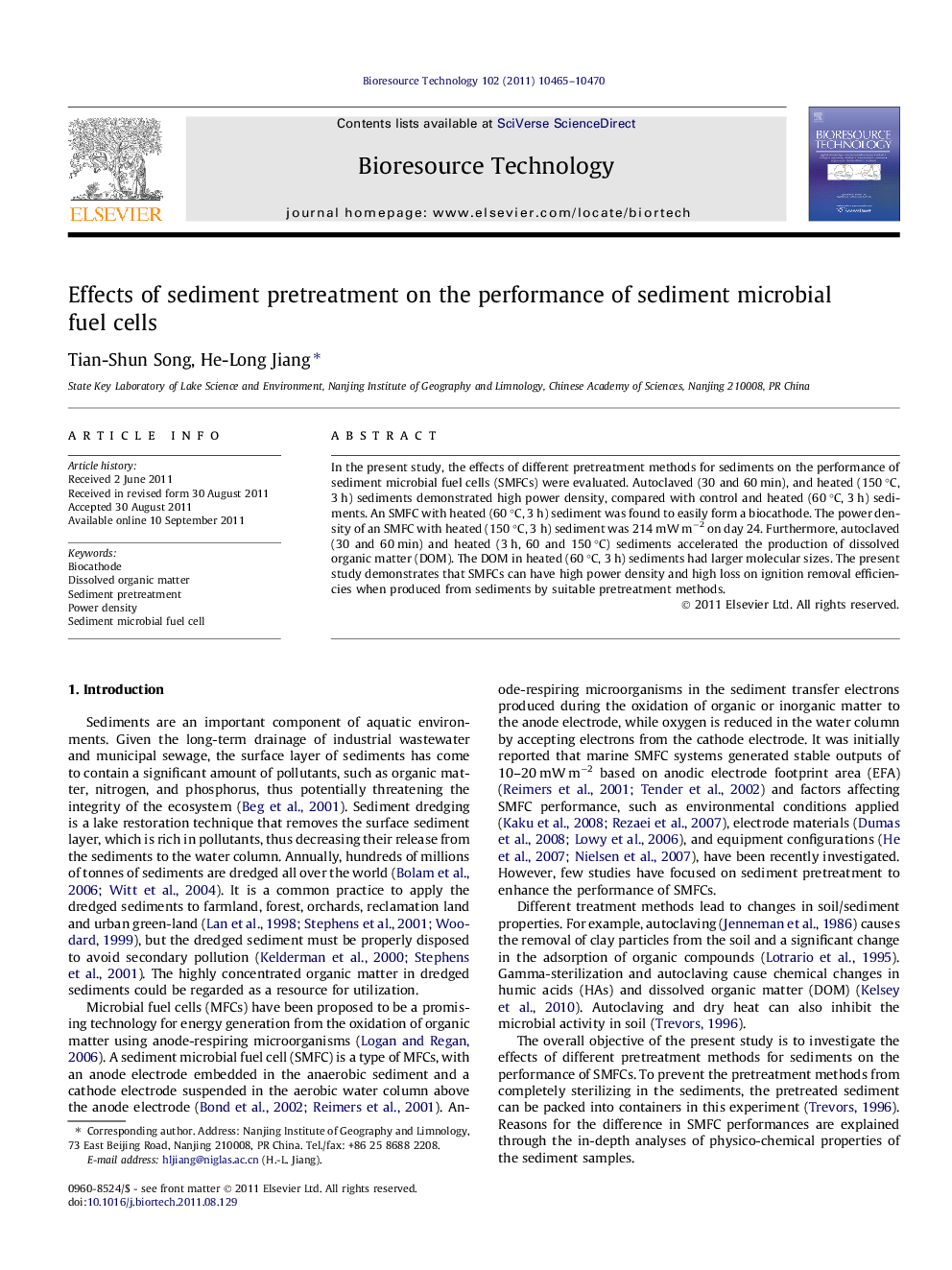 Effects of sediment pretreatment on the performance of sediment microbial fuel cells