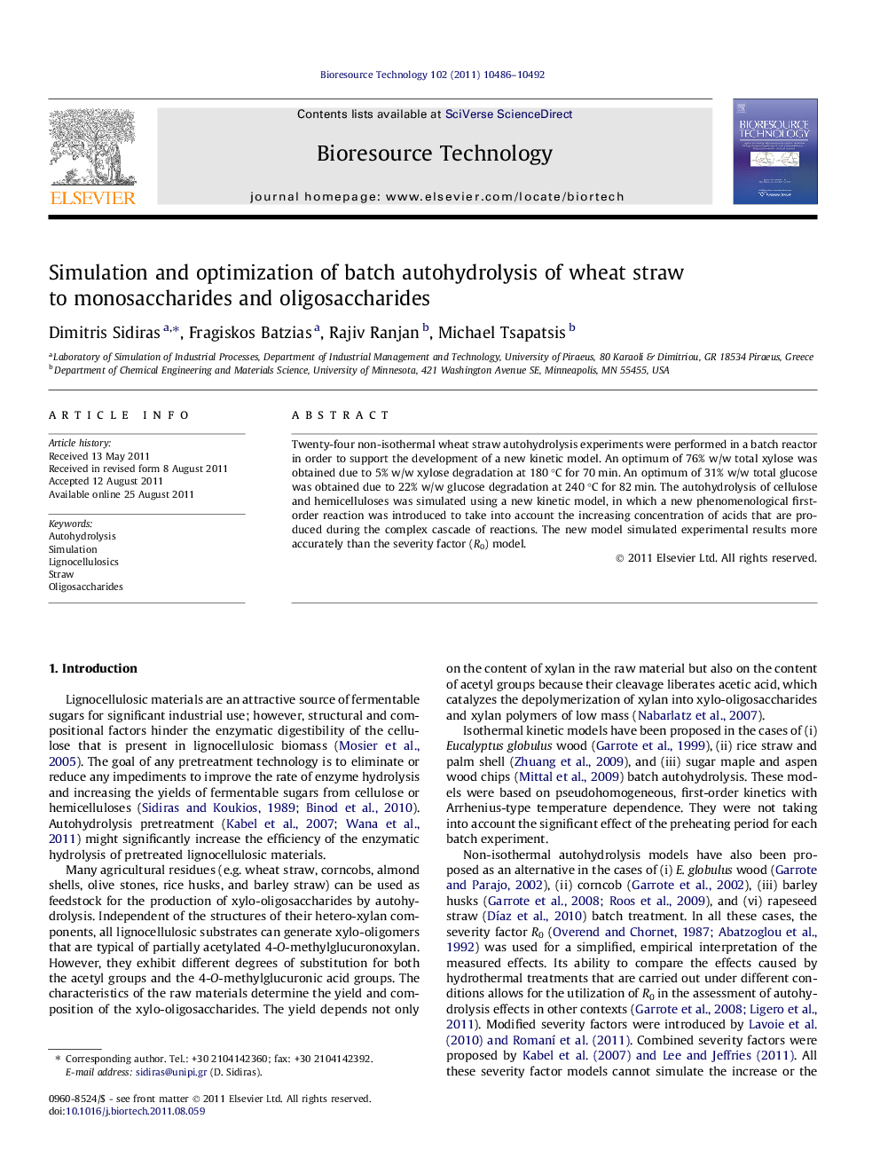 Simulation and optimization of batch autohydrolysis of wheat straw to monosaccharides and oligosaccharides