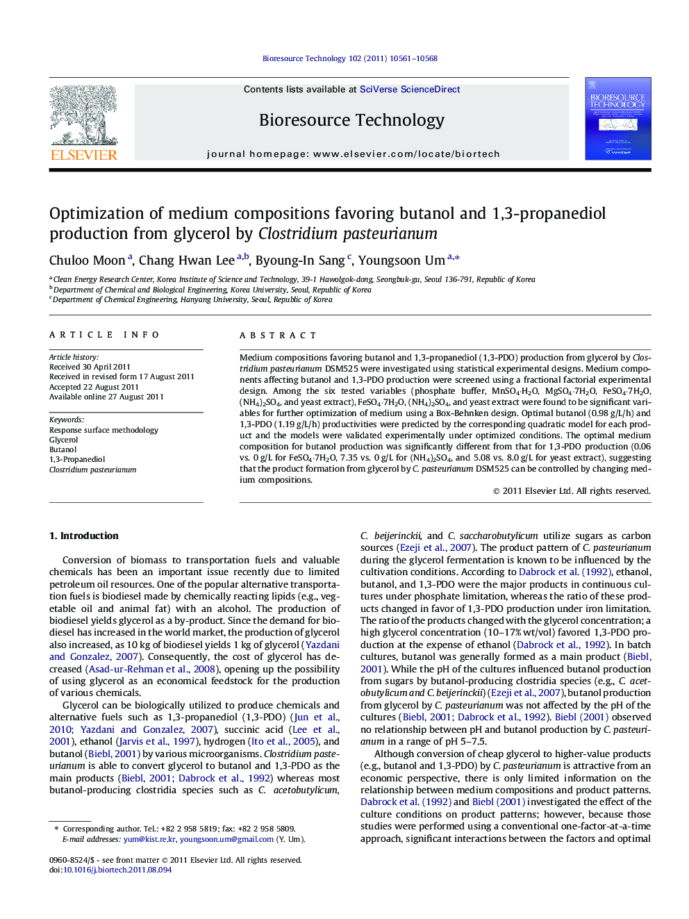 Optimization of medium compositions favoring butanol and 1,3-propanediol production from glycerol by Clostridium pasteurianum