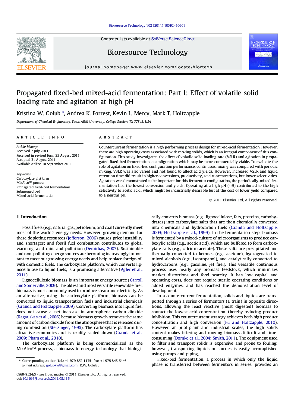 Propagated fixed-bed mixed-acid fermentation: Part I: Effect of volatile solid loading rate and agitation at high pH