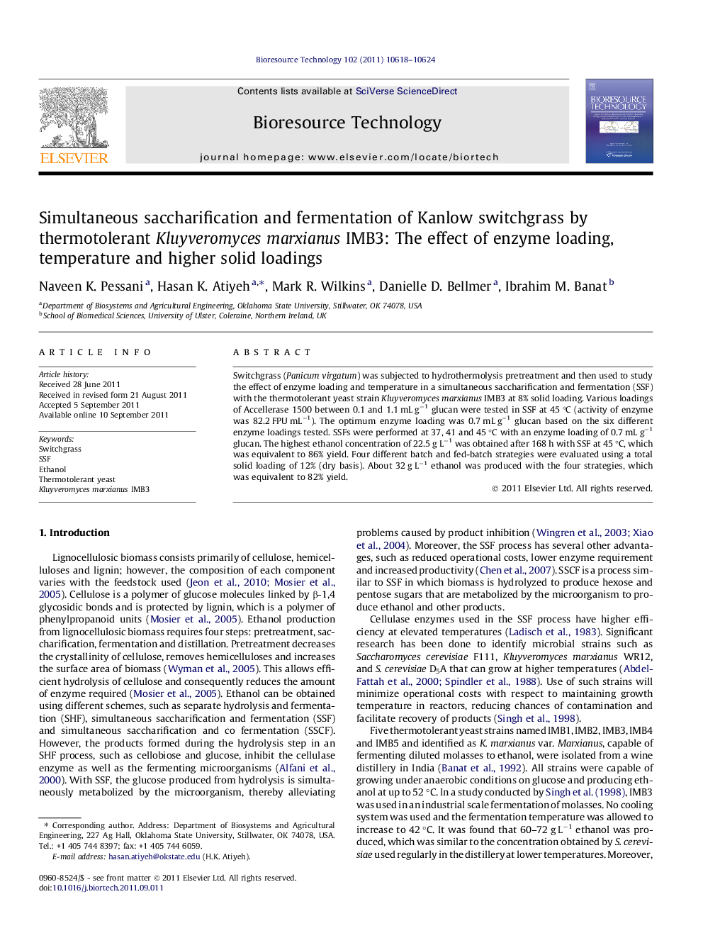 عکس صفحه اول مقاله: Simultaneous saccharification and fermentation of Kanlow switchgrass by thermotolerant Kluyveromyces marxianus IMB3: The effect of enzyme loading, temperature and higher solid loadings Simultaneous saccharification and fermentation of Kanlow switchgrass by thermotolerant Kluyveromyces marxianus IMB3: The effect of enzyme loading, temperature and higher solid loadings