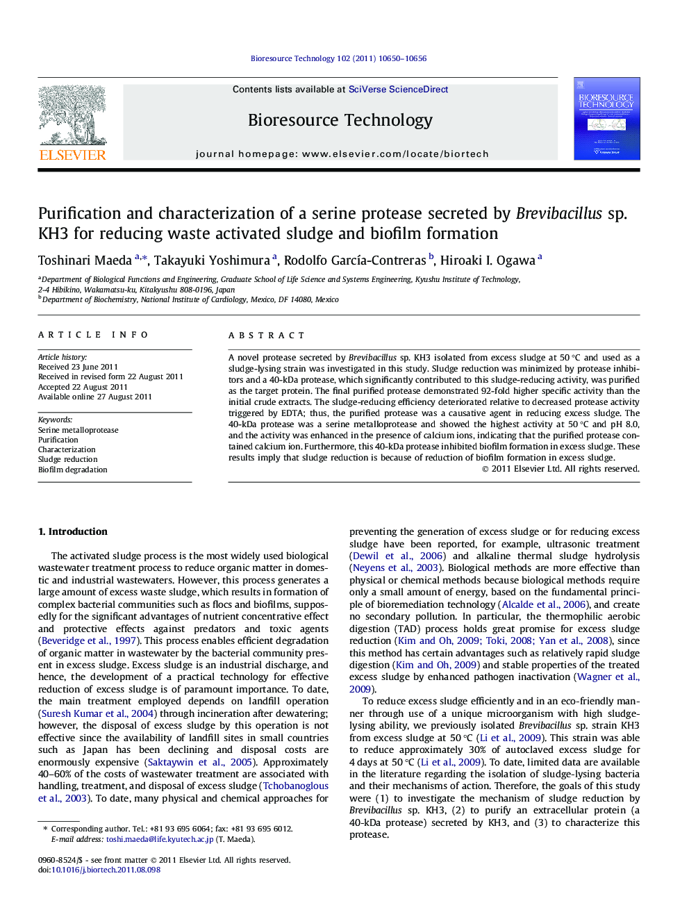 Purification and characterization of a serine protease secreted by Brevibacillus sp. KH3 for reducing waste activated sludge and biofilm formation