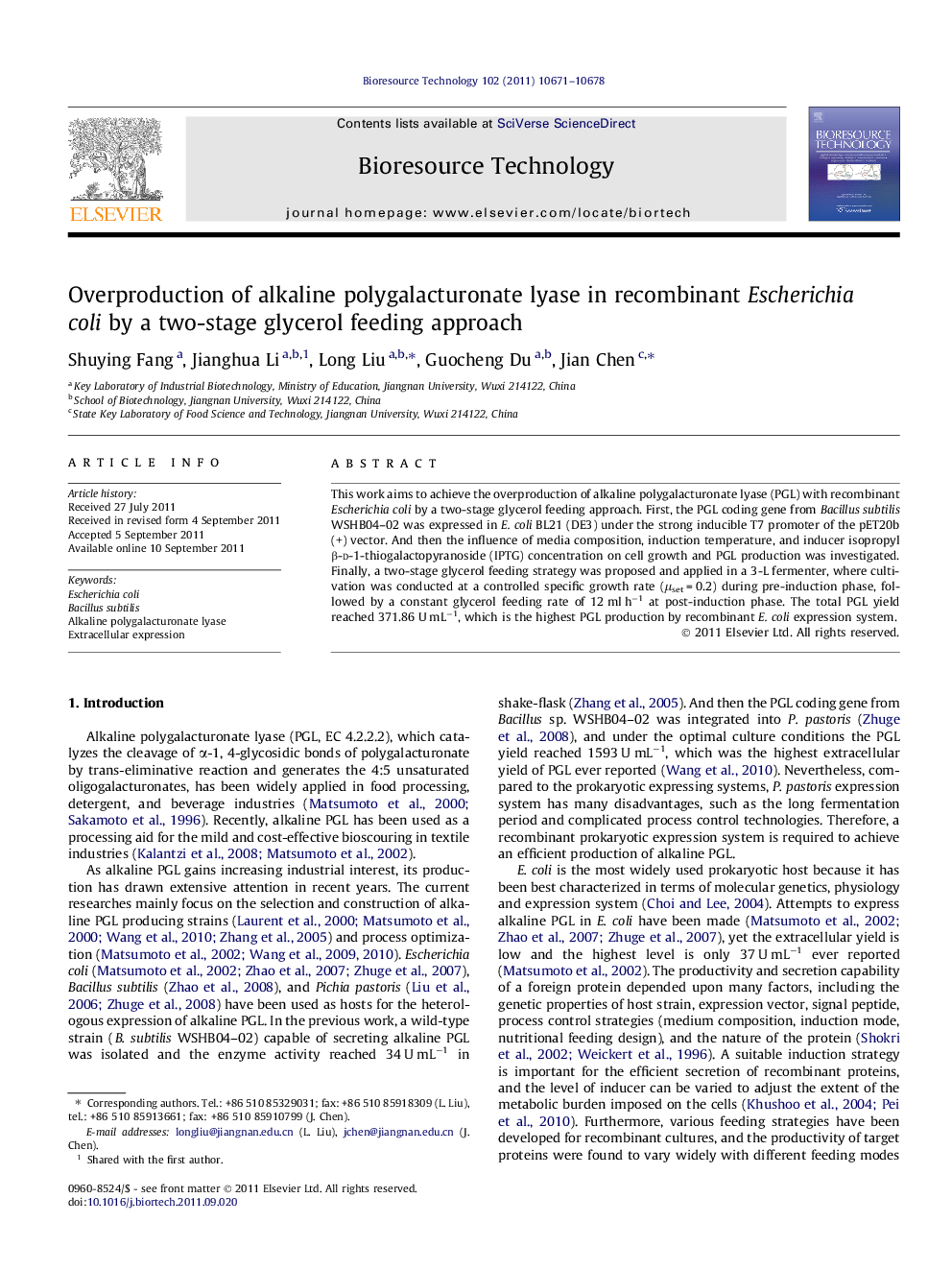 Overproduction of alkaline polygalacturonate lyase in recombinant Escherichia coli by a two-stage glycerol feeding approach