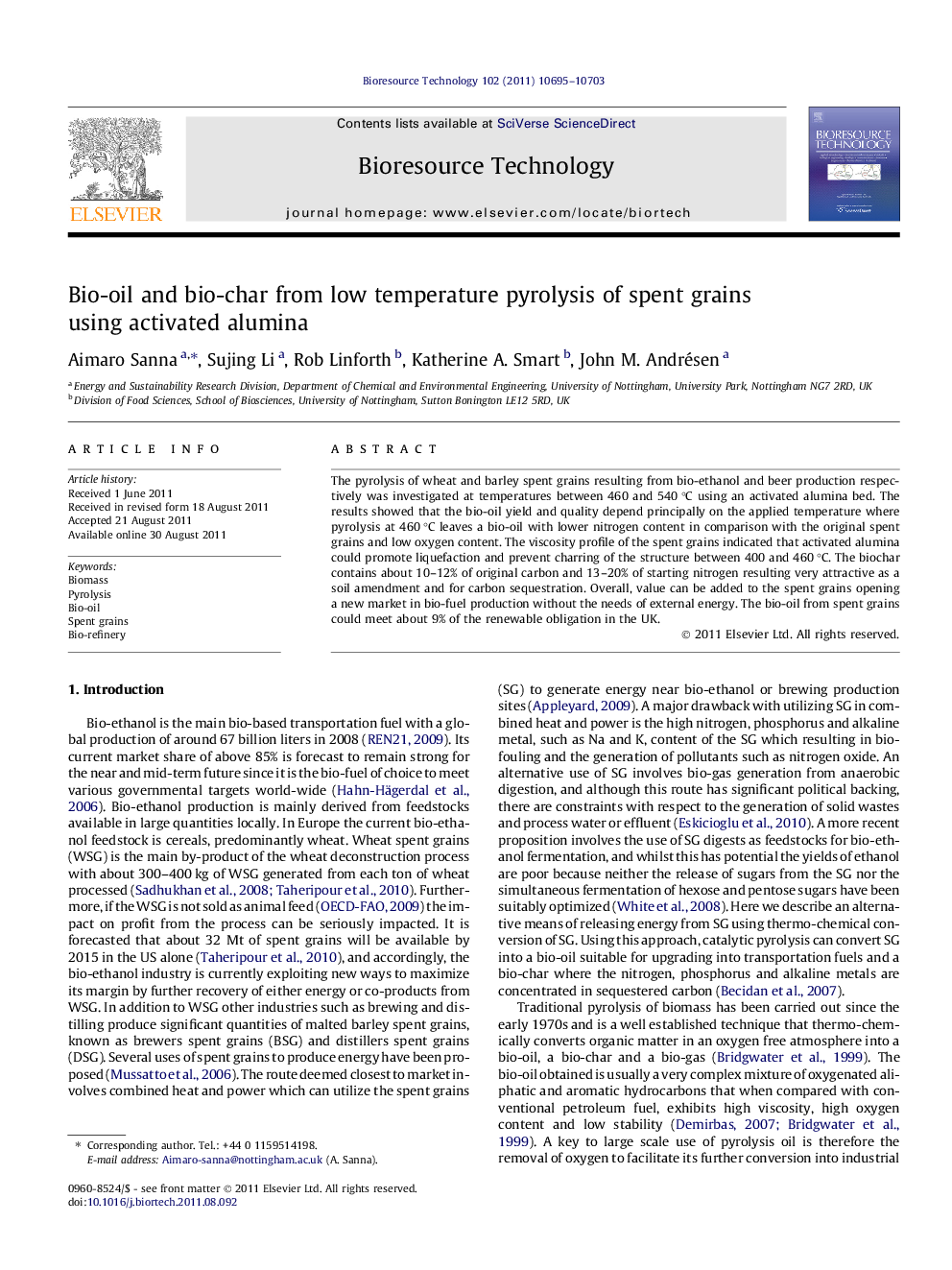 Bio-oil and bio-char from low temperature pyrolysis of spent grains using activated alumina