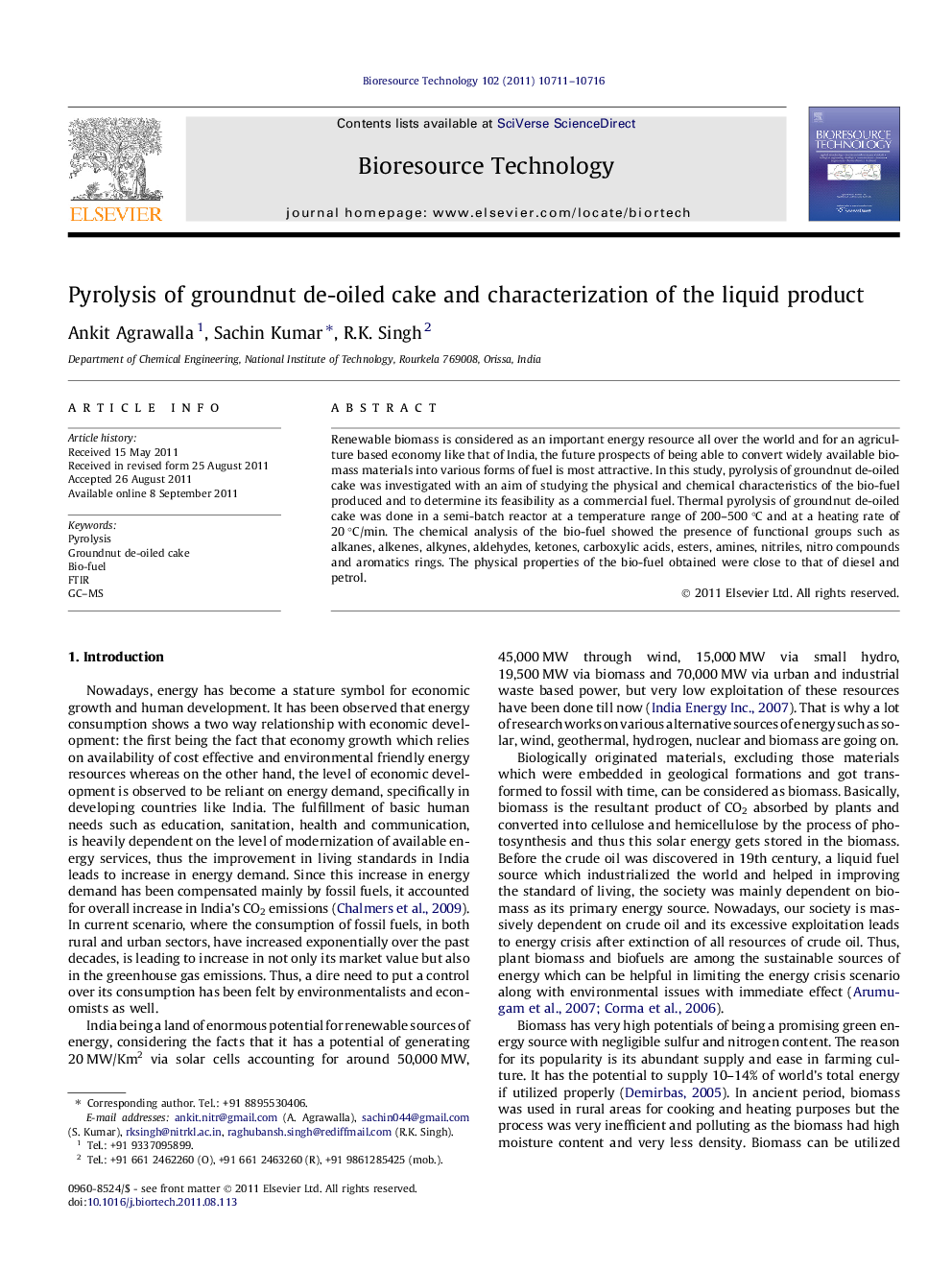 Pyrolysis of groundnut de-oiled cake and characterization of the liquid product