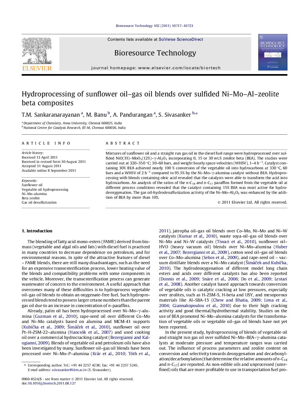 Hydroprocessing of sunflower oil-gas oil blends over sulfided Ni-Mo-Al-zeolite beta composites