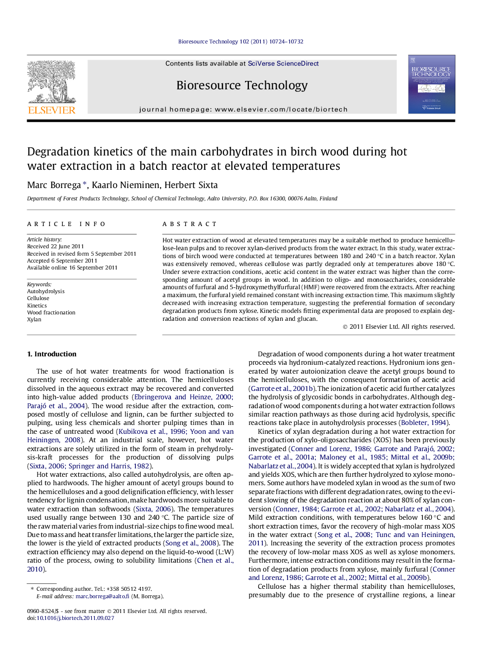 Degradation kinetics of the main carbohydrates in birch wood during hot water extraction in a batch reactor at elevated temperatures