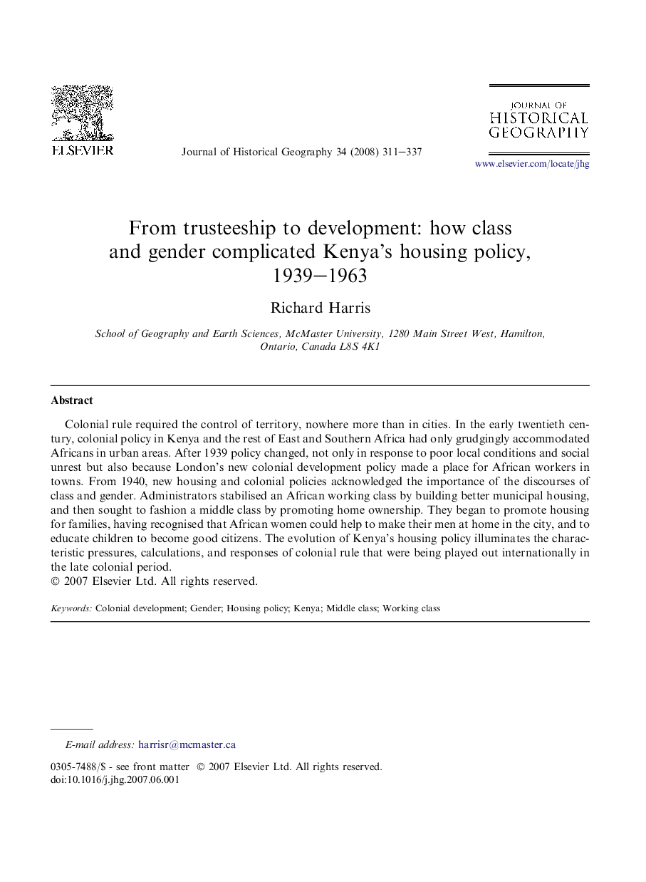 From trusteeship to development: how class and gender complicated Kenya's housing policy, 1939–1963