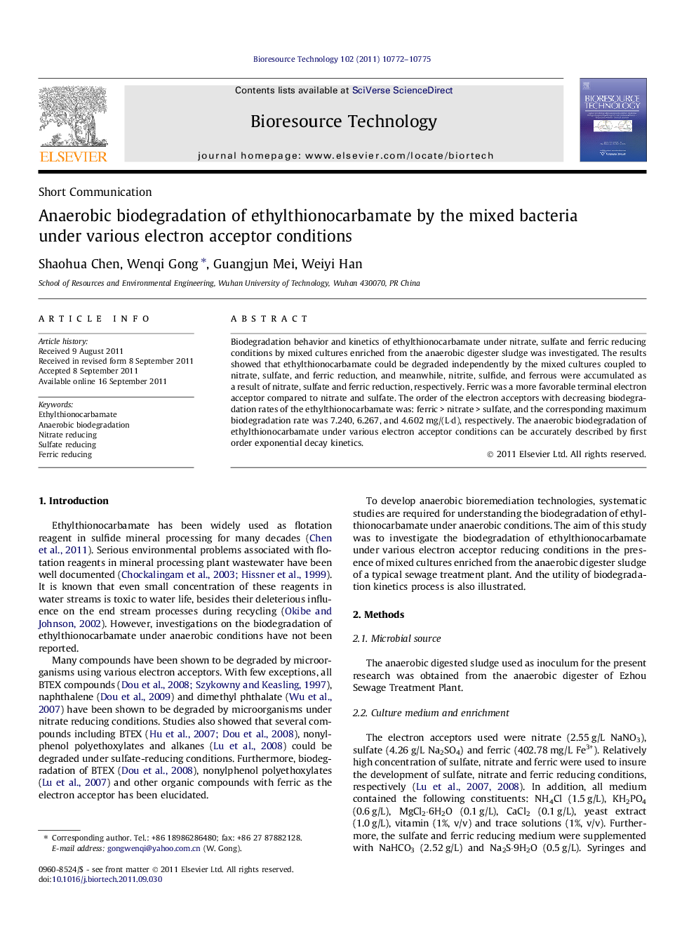 Anaerobic biodegradation of ethylthionocarbamate by the mixed bacteria under various electron acceptor conditions