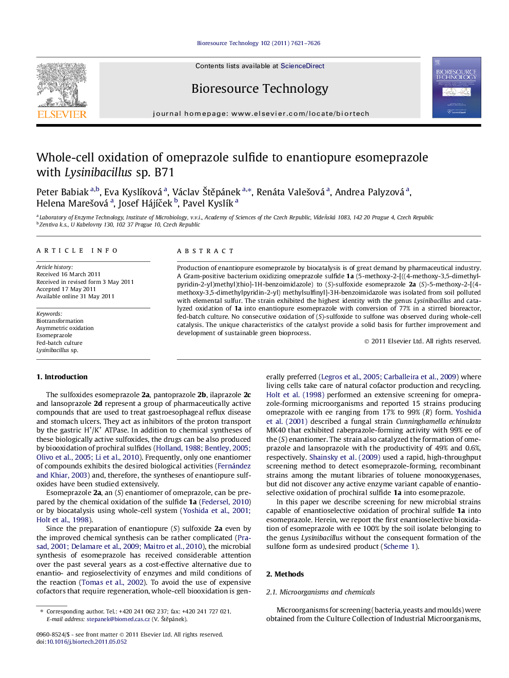 Whole-cell oxidation of omeprazole sulfide to enantiopure esomeprazole with Lysinibacillus sp. B71