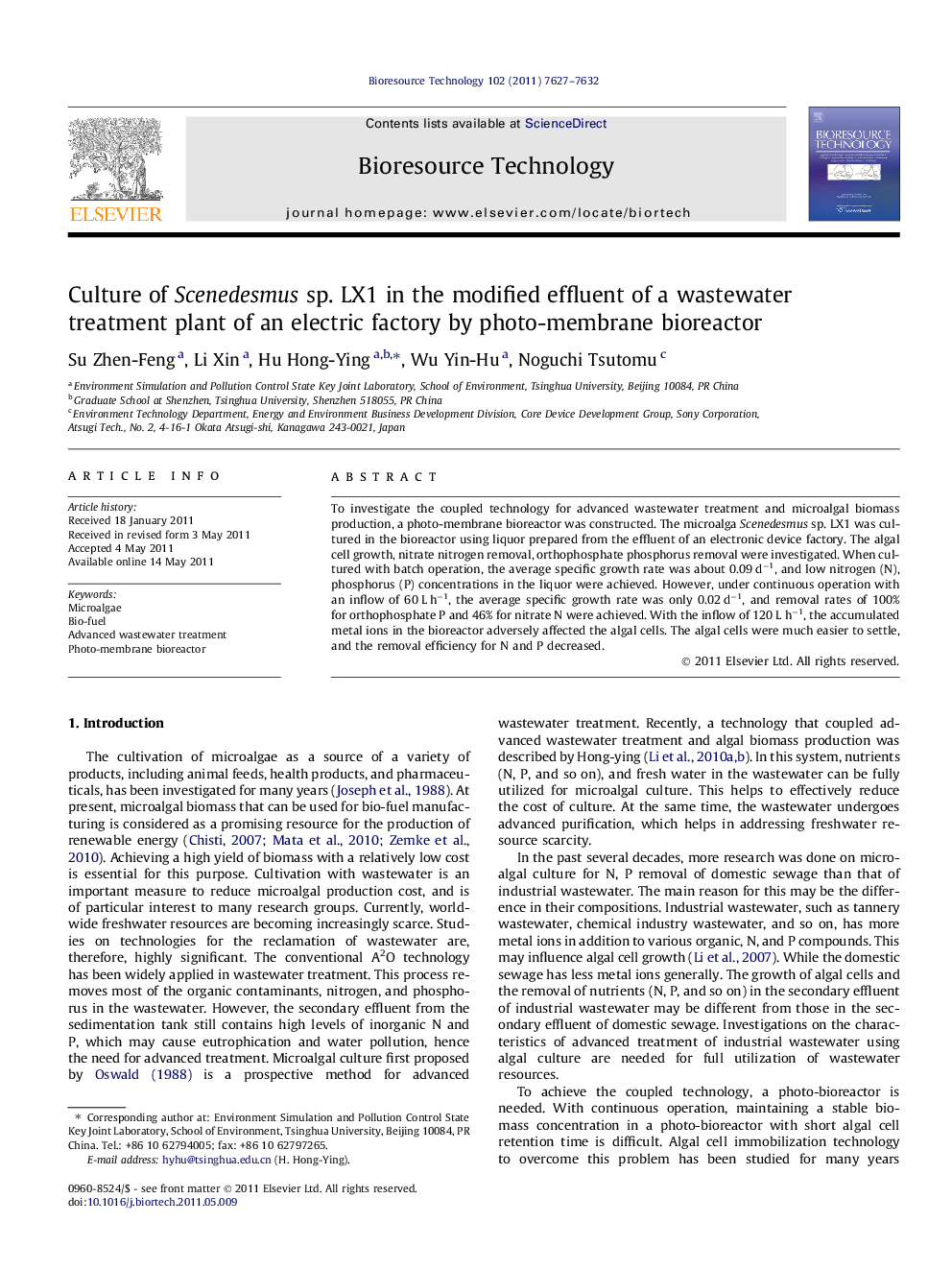 Culture of Scenedesmus sp. LX1 in the modified effluent of a wastewater treatment plant of an electric factory by photo-membrane bioreactor