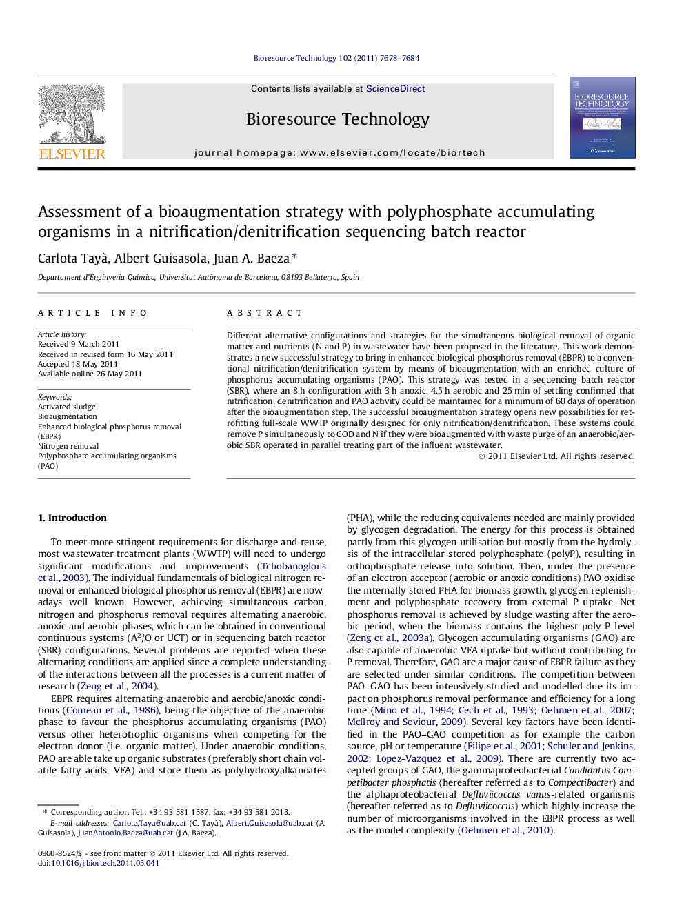 Assessment of a bioaugmentation strategy with polyphosphate accumulating organisms in a nitrification/denitrification sequencing batch reactor