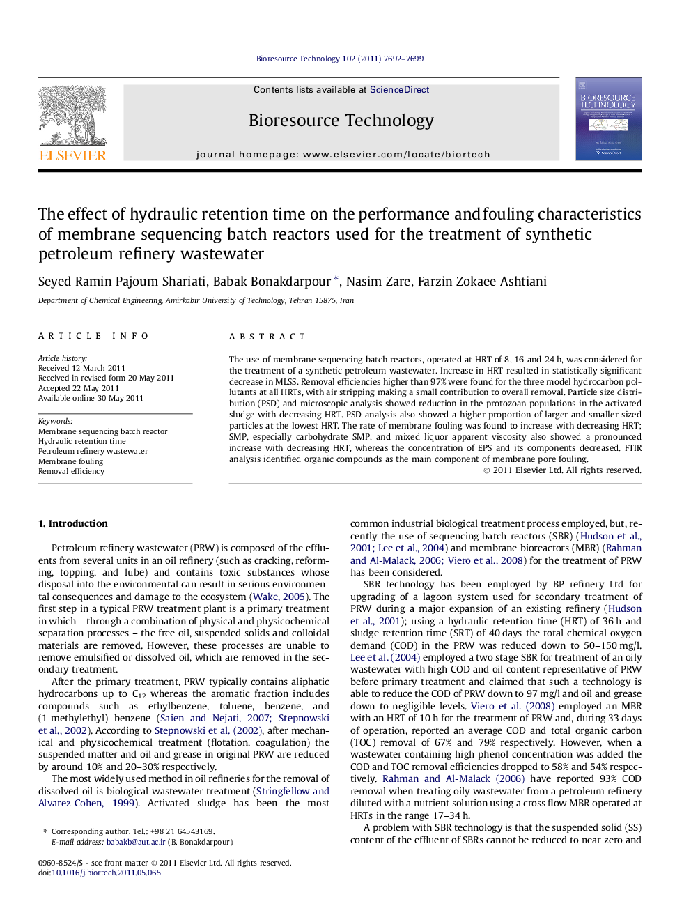 The effect of hydraulic retention time on the performance and fouling characteristics of membrane sequencing batch reactors used for the treatment of synthetic petroleum refinery wastewater