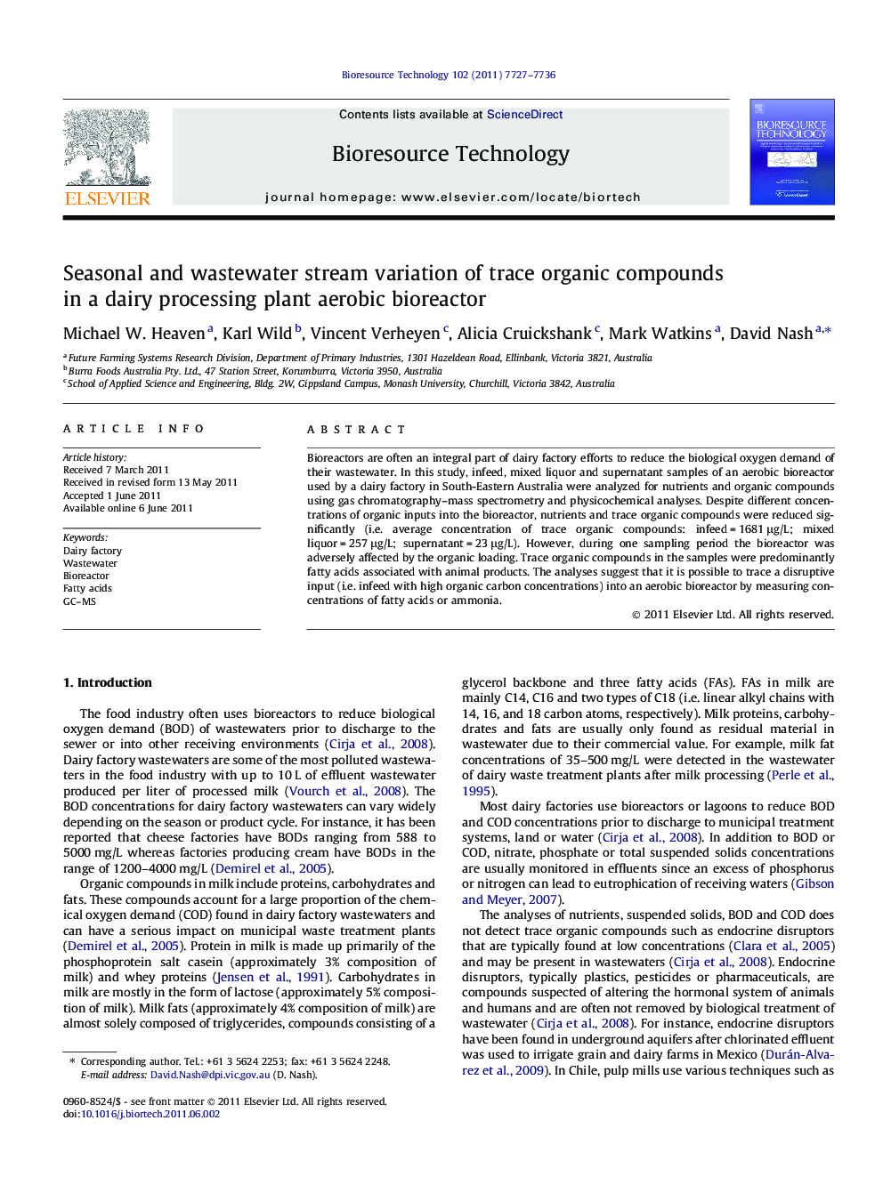 Seasonal and wastewater stream variation of trace organic compounds in a dairy processing plant aerobic bioreactor