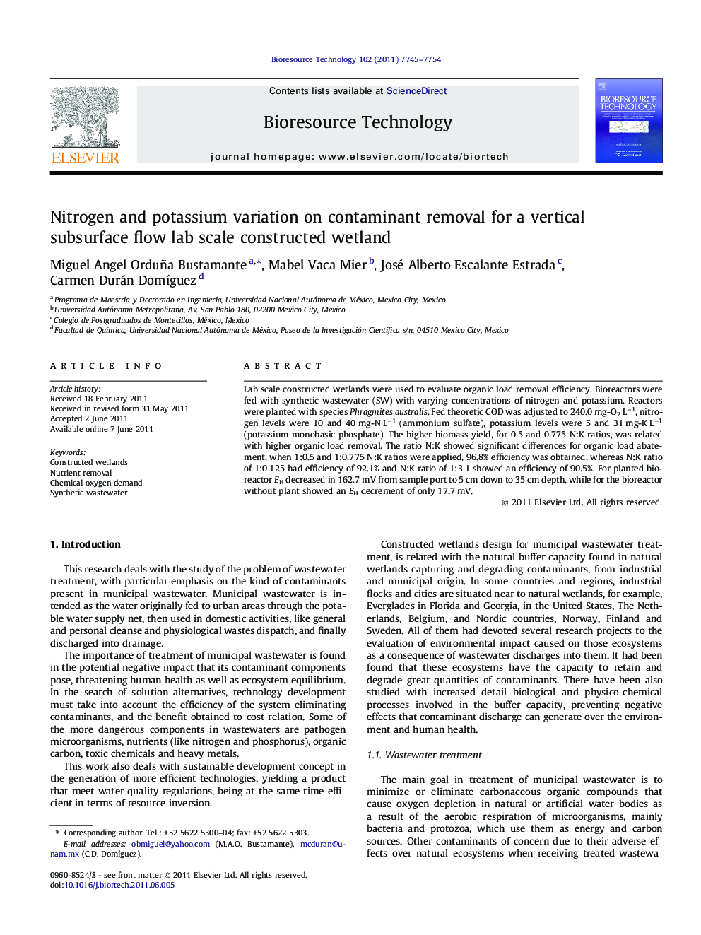 Nitrogen and potassium variation on contaminant removal for a vertical subsurface flow lab scale constructed wetland