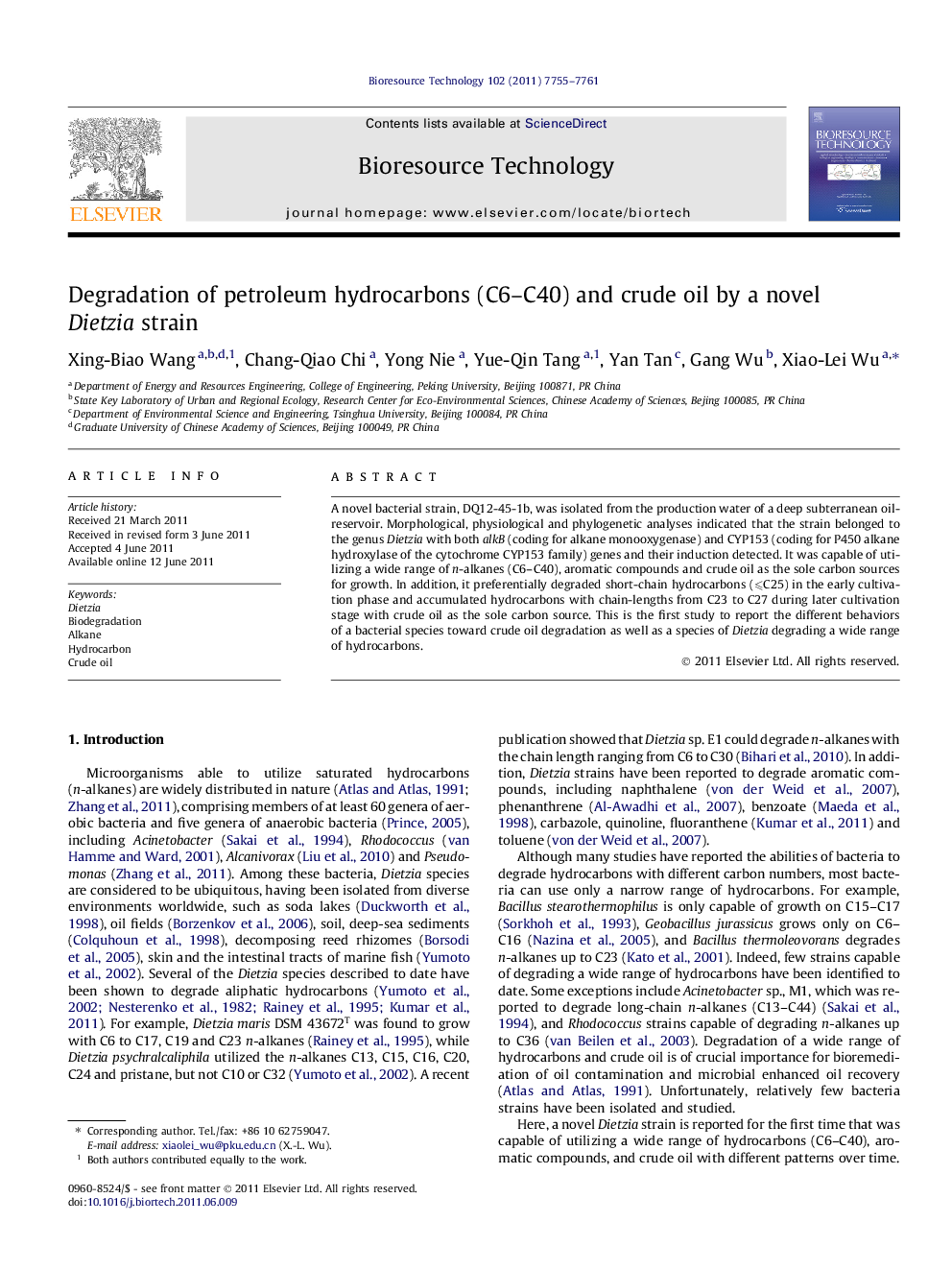 Degradation of petroleum hydrocarbons (C6-C40) and crude oil by a novel Dietzia strain