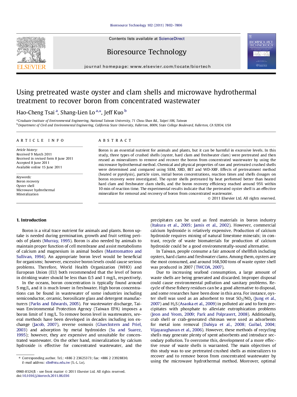 Using pretreated waste oyster and clam shells and microwave hydrothermal treatment to recover boron from concentrated wastewater