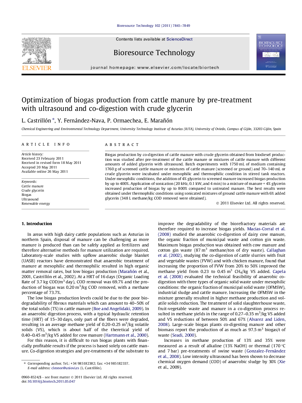 عکس صفحه اول مقاله: Optimization of biogas production from cattle manure by pre-treatment with ultrasound and co-digestion with crude glycerin Optimization of biogas production from cattle manure by pre-treatment with ultrasound and co-digestion with crude glycerin