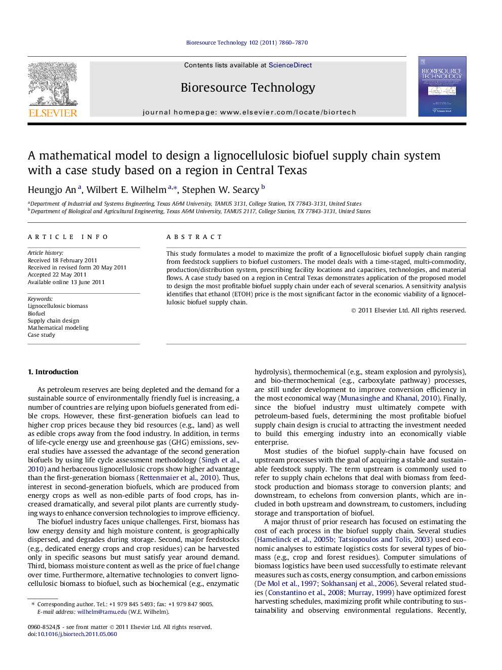 A mathematical model to design a lignocellulosic biofuel supply chain system with a case study based on a region in Central Texas