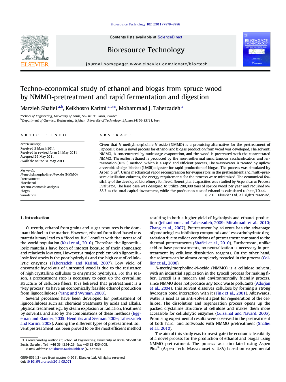 عکس صفحه اول مقاله: Techno-economical study of ethanol and biogas from spruce wood by NMMO-pretreatment and rapid fermentation and digestion Techno-economical study of ethanol and biogas from spruce wood by NMMO-pretreatment and rapid fermentation and digestion