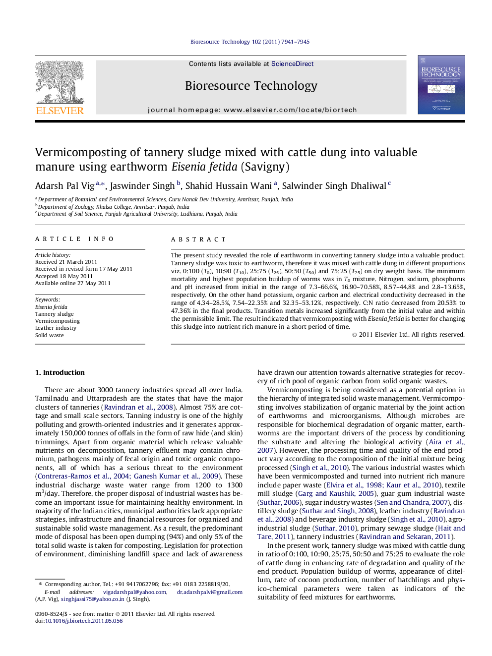 Vermicomposting of tannery sludge mixed with cattle dung into valuable manure using earthworm Eisenia fetida (Savigny)