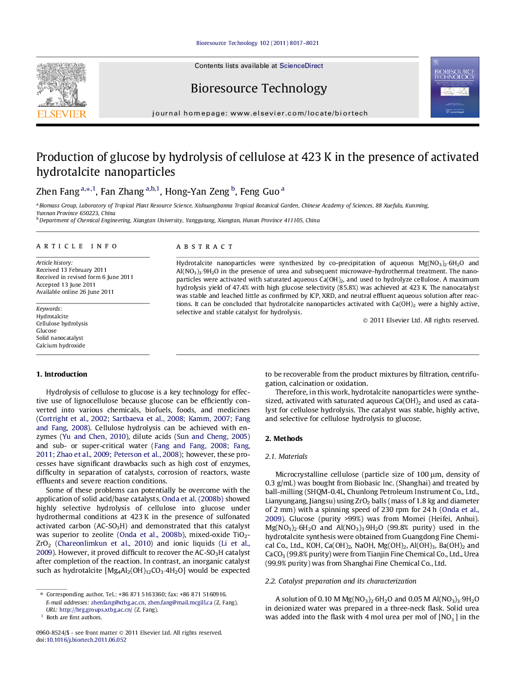 Production of glucose by hydrolysis of cellulose at 423Â K in the presence of activated hydrotalcite nanoparticles