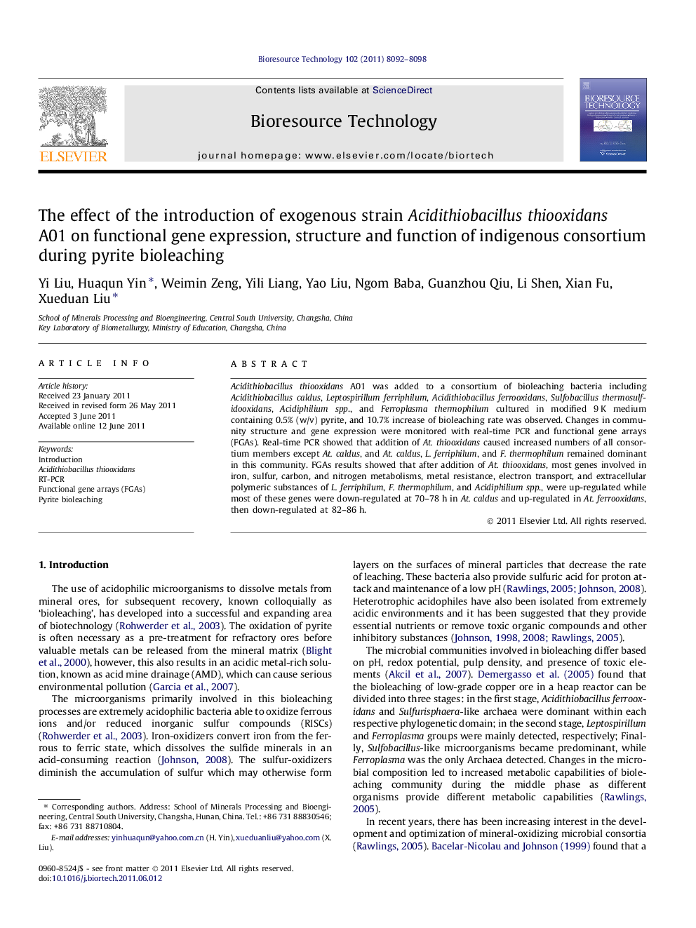 The effect of the introduction of exogenous strain Acidithiobacillus thiooxidans A01 on functional gene expression, structure and function of indigenous consortium during pyrite bioleaching