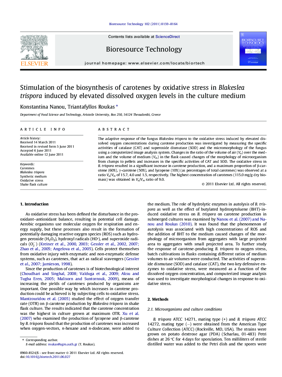 Stimulation of the biosynthesis of carotenes by oxidative stress in Blakeslea trispora induced by elevated dissolved oxygen levels in the culture medium