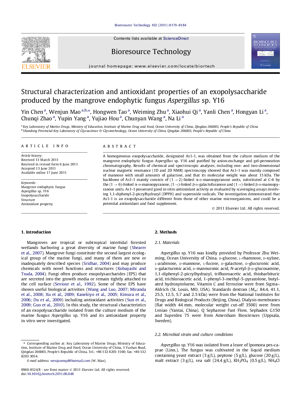 Structural characterization and antioxidant properties of an exopolysaccharide produced by the mangrove endophytic fungus Aspergillus sp. Y16