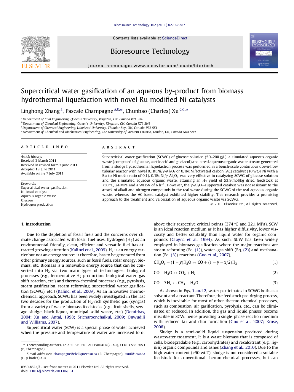 Supercritical water gasification of an aqueous by-product from biomass hydrothermal liquefaction with novel Ru modified Ni catalysts