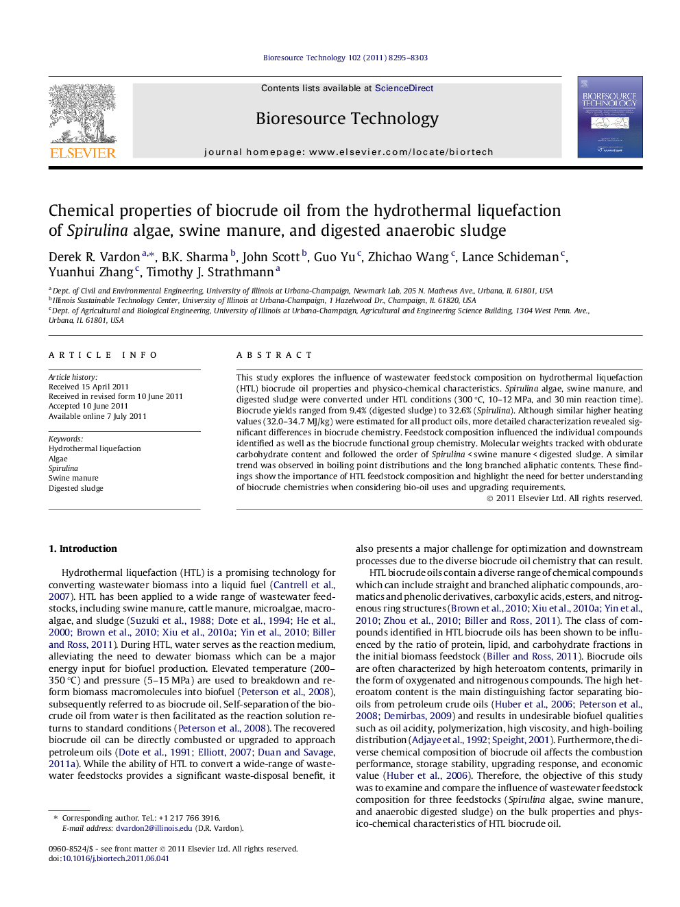 Chemical properties of biocrude oil from the hydrothermal liquefaction of Spirulina algae, swine manure, and digested anaerobic sludge